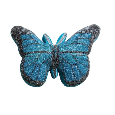 Butterfly Shaped Pillow, Luminous Rhinestones on Blue Velvet