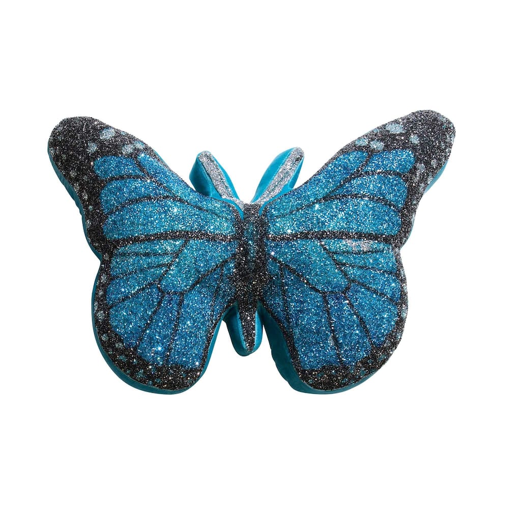 Butterfly Shaped Pillow, Luminous Rhinestones on Blue Velvet