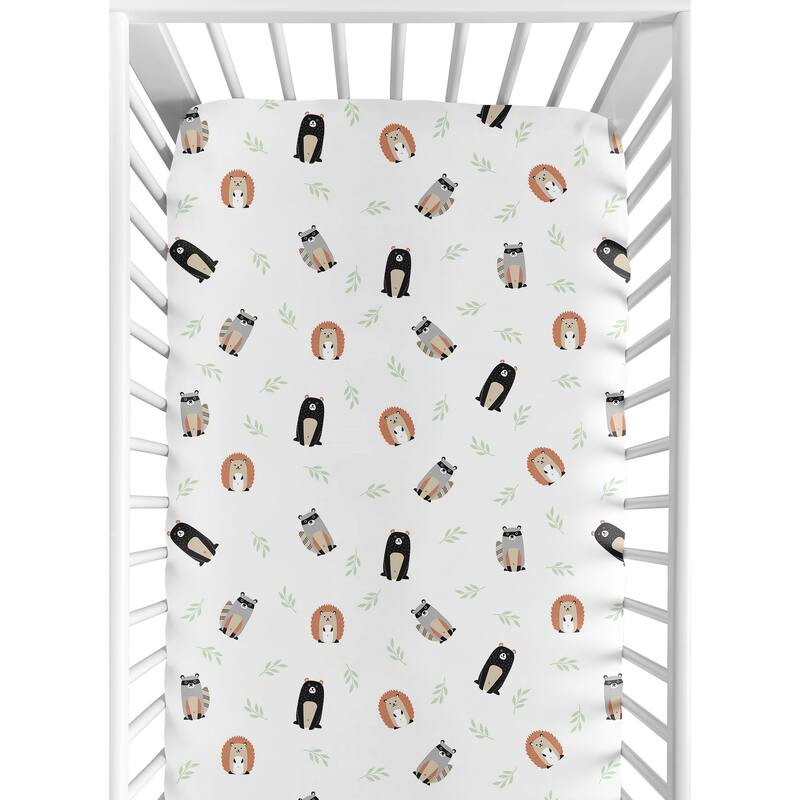 Sweet Jojo Designs Bear Raccoon Hedgehog Forest Animal Woodland Pals Collection Unisex Fitted Crib Sheet -Beige Green Black Grey