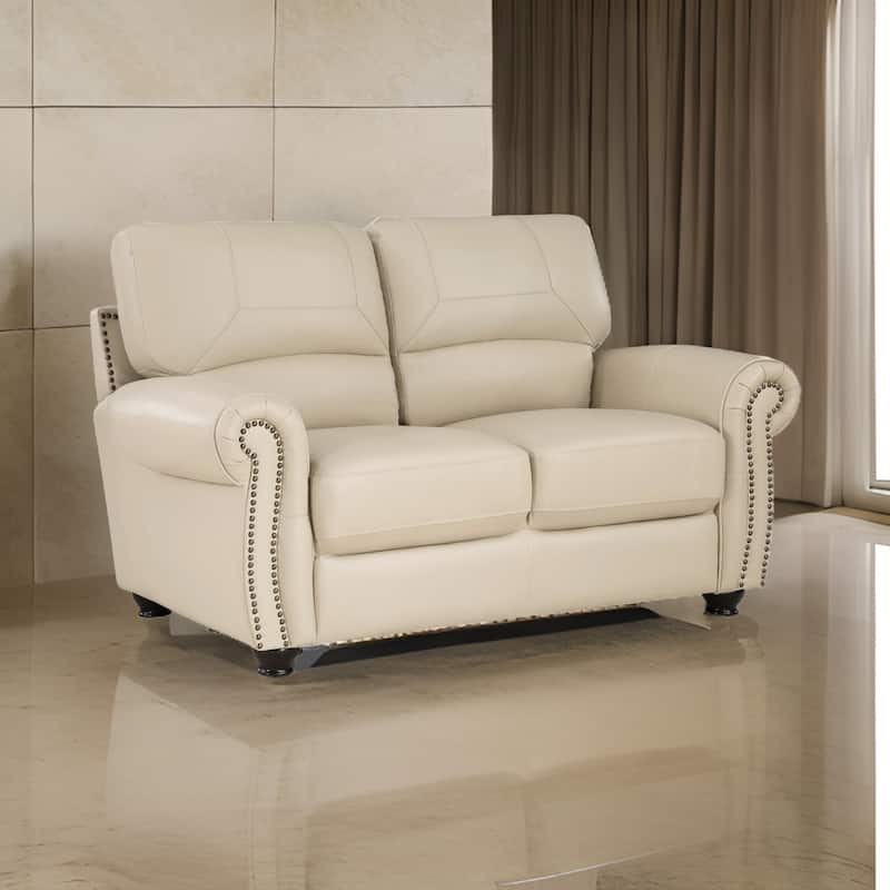 Kia 63 Inch Loveseat, Cream Top Grain and Faux Leather, Brown Solid Wood