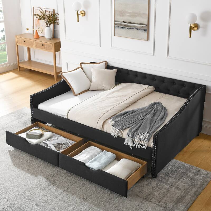 Tufted Button Daybed with 2 Storage Drawers/Upholstered Sofa Bed Frame w/Copper Nail on Waved Shape Armrests/No Spring Box Need