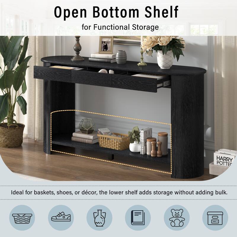 59.8"Modern Veneer Console Table with 3 Drawers,Farmhouse Entryway Table with Shelf,Wood Sofa Table with Semi-Circular Design