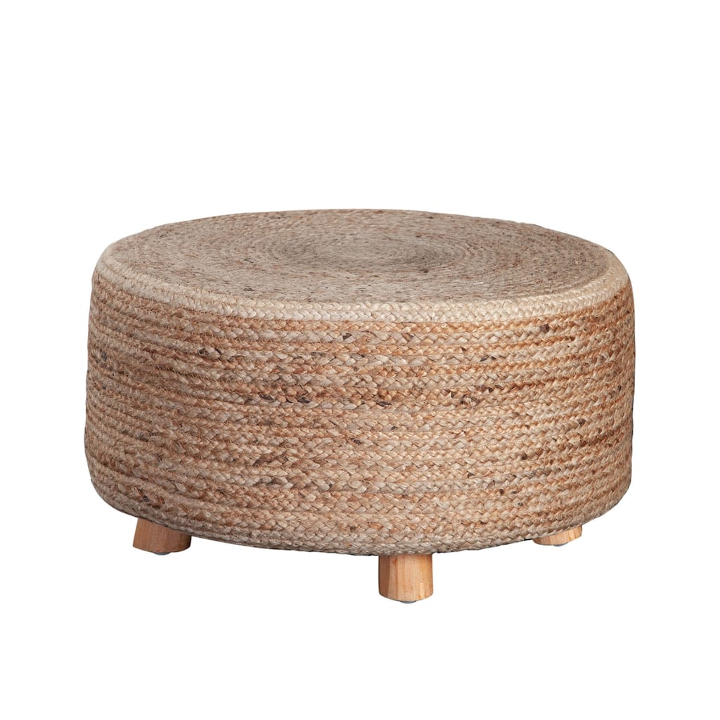 Accent Stool, 25 Inch, Round Natural Brown Jute Seat, Wood Legs