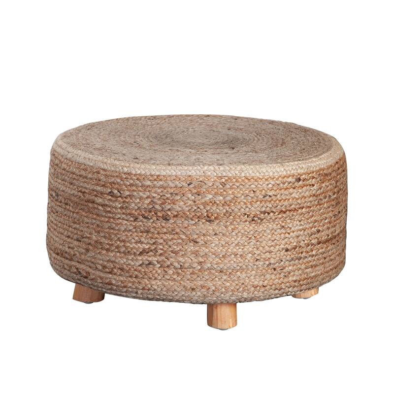 Accent Stool, 25 Inch, Round Natural Brown Jute Seat, Wood Legs