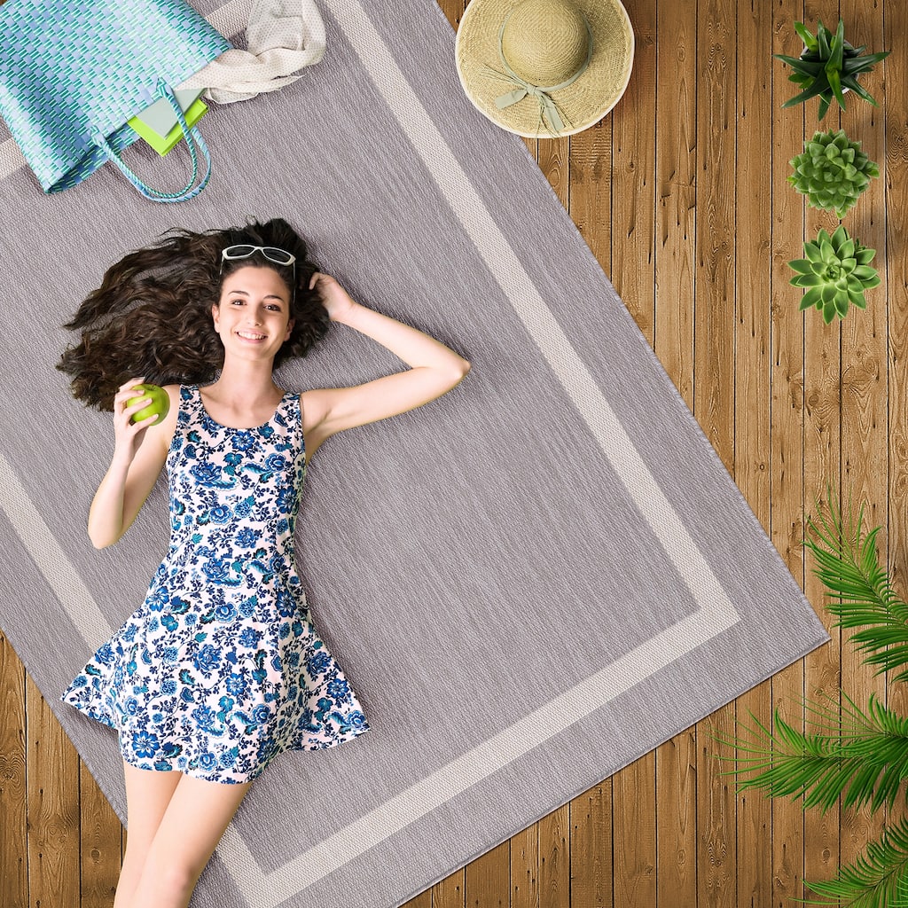 Beverly Rug Bordered Indoor Outdoor Rug, Outside Carpet for Patio, Deck, Porch - Grey