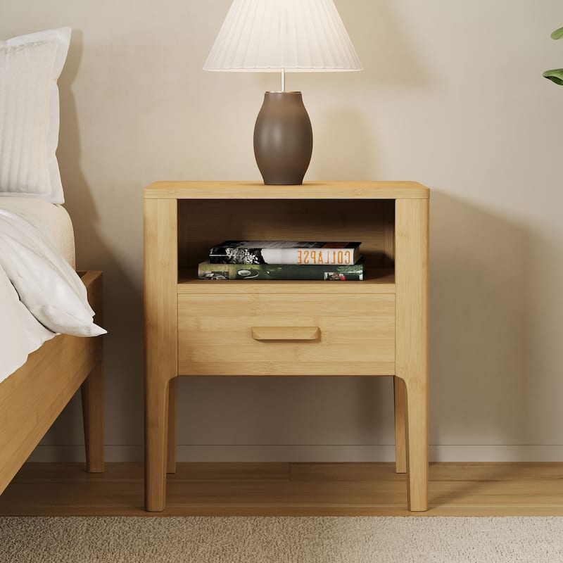 GDFStudio - Miri Mid-Century Modern Solid Bamboo Wood Nightstand with Drawer & Open Shelf, Softly Curved Edges Design - Natural