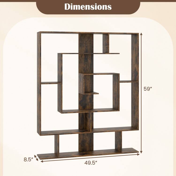 Rustic Brown 7-Tier Engineered Wood Bookshelf Modern Geometric Display Shelf with High Load Capacity - 49.5" x 8.5" x 59"
