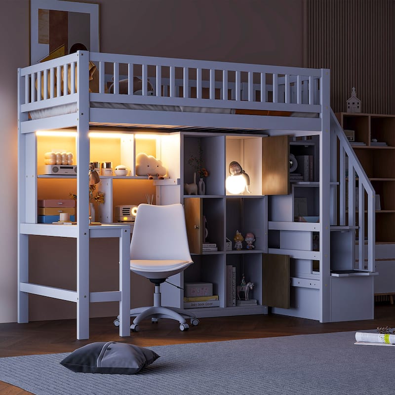 Twin Loft Bed in Walnut with Integrated L-Shaped Desk, LED Lighting, Multi-Tier Storage Shelves, Cabinets, and Staircase - White