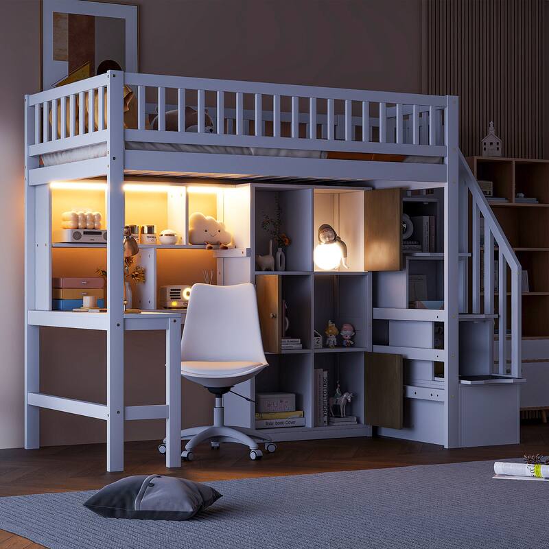 Twin Size Loft Bed with Built-in Desk, LED Lights, Storage Shelves, Cabinets & Staircase - White