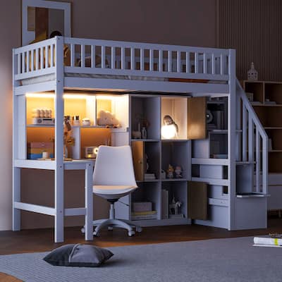 Wood Twin Size Loft Bed with Built-in Desk, LED, Storage Shelves, Cabinets, and Staircase