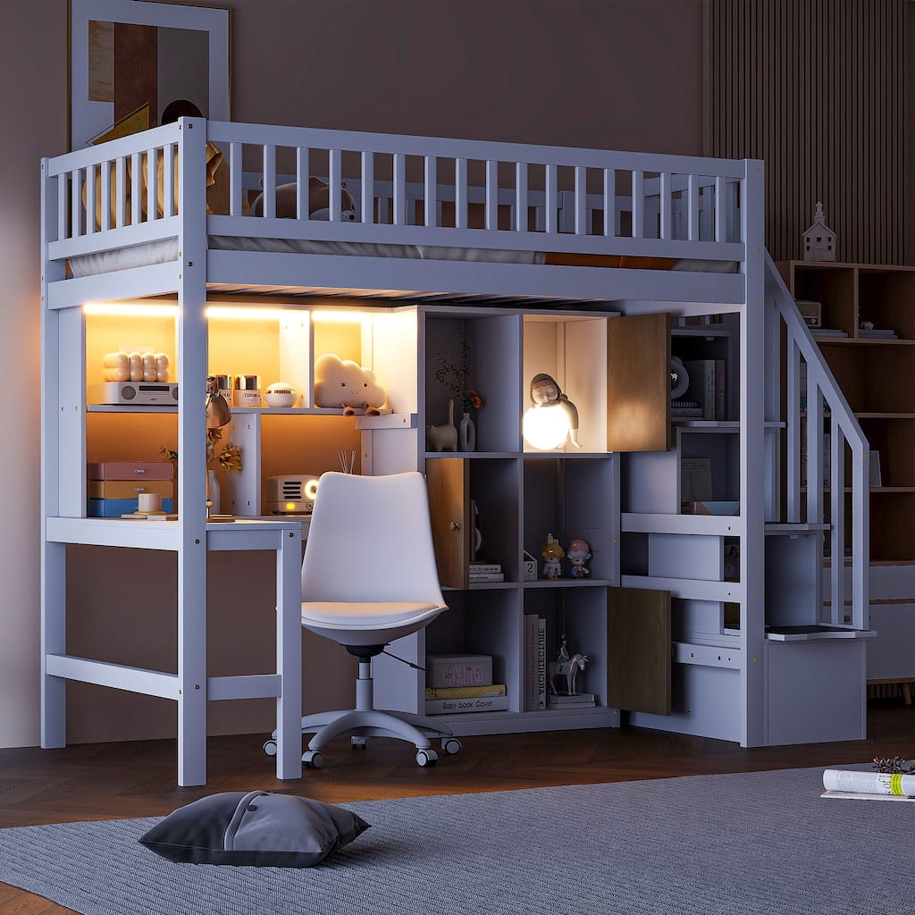 Wood Twin Size Loft Bed with Built-in Desk, LED, Storage Shelves, Cabinets and Staircase