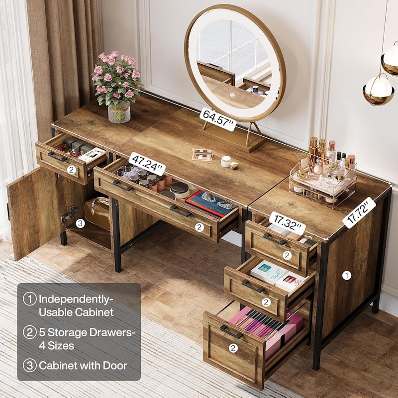 Farmhouse Makeup Vanity Desk with 5 Drawers and Cabinet for Bedroom