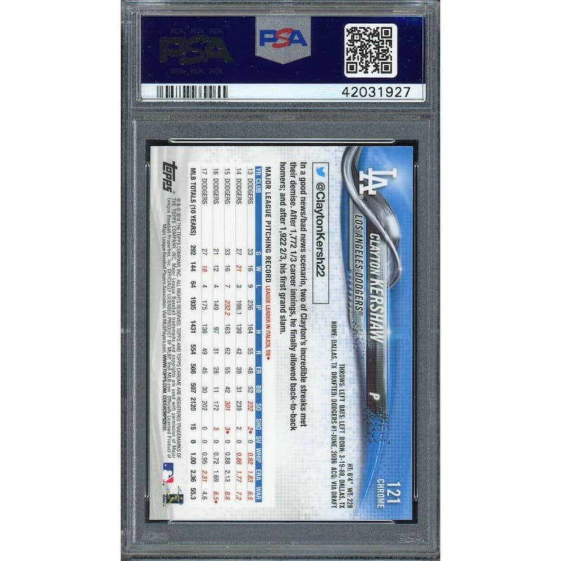 Clayton Kershaw 2018 Topps Chrome Baseball Card #121 Graded PSA 10 GEM MINT - 8'6" x 11'6"