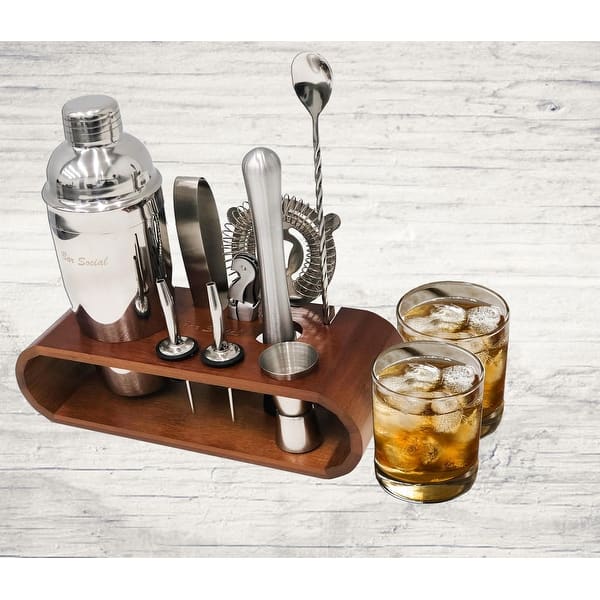 Bar Social 10 piece Bartender Cocktail Shaker Set with Stand - Dark Silver / Brown