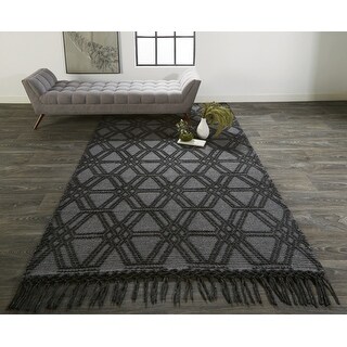 2' X 3' Black And Gray Wool Geometric Hand Woven Area Rug With Fringe ...