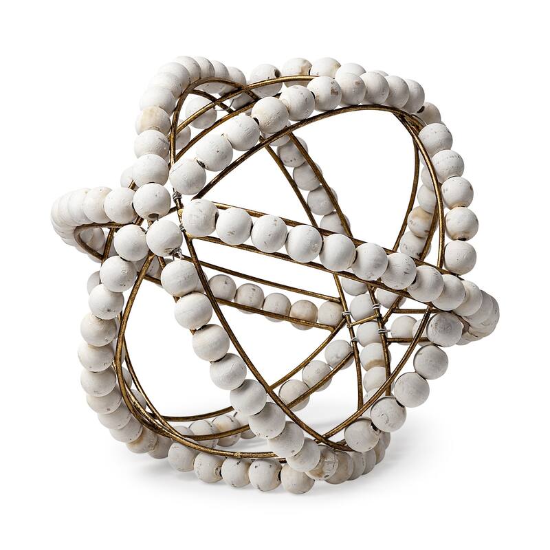 White Wooden Bead and Gold Orb Sculpture - 11"W x 11"D x 12"H