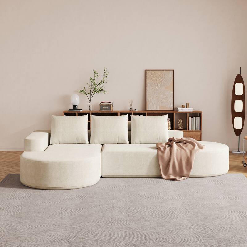 Modern Free Combination Chenille L-Shaped Sectional Sofa Couch with 3 Pillows - Beige-Left Hand Facing