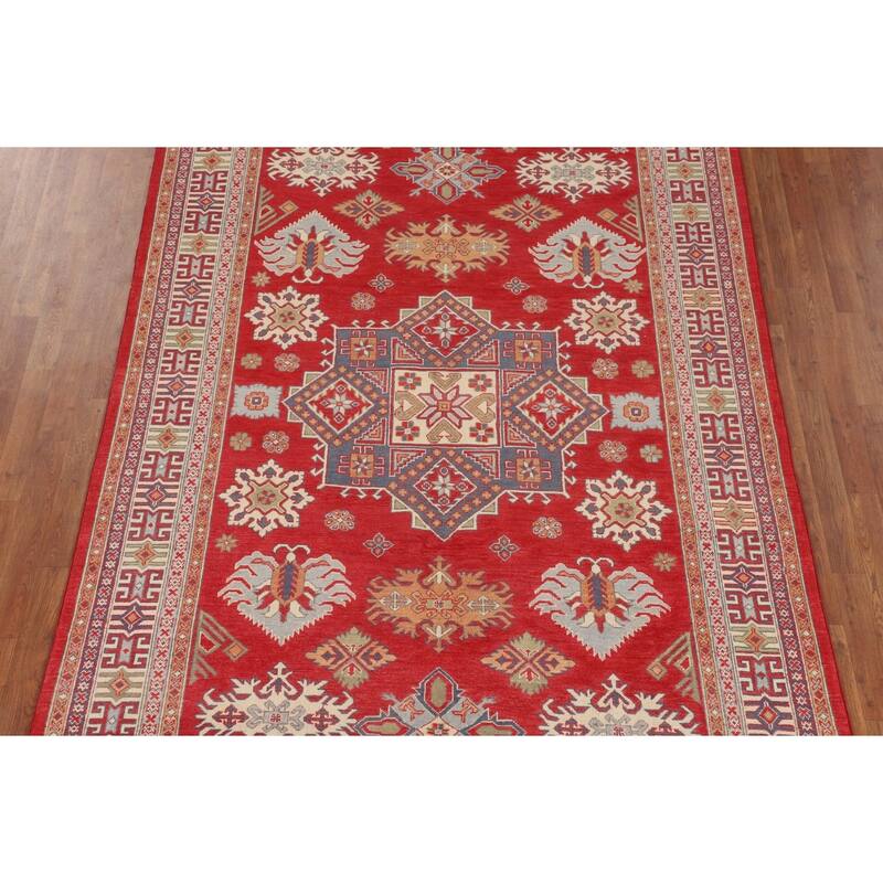 Oriental Red Geometric Kazak Area Rug Hand-Knotted Wool Carpet - 6'5" x 9'8"