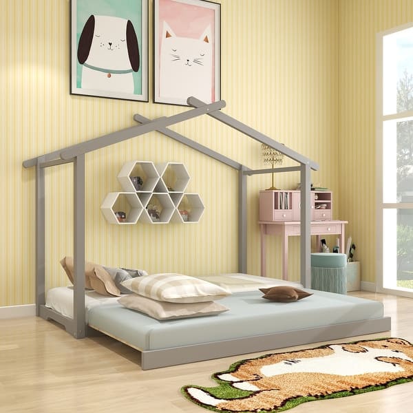 Twin XL/King House Solid Wood Bed Frame With Trundle Extending Twin to