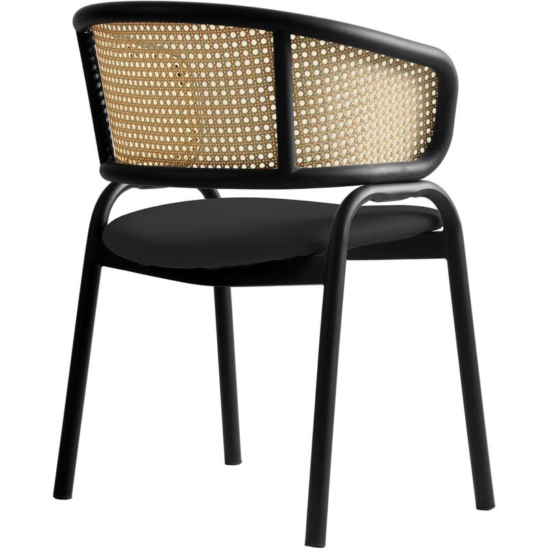 LeisureMod Set of 4 Modern Wicker Back Leather Dining Chairs with Black Steel Frame - Accent Side Armchair for Home Upgrade