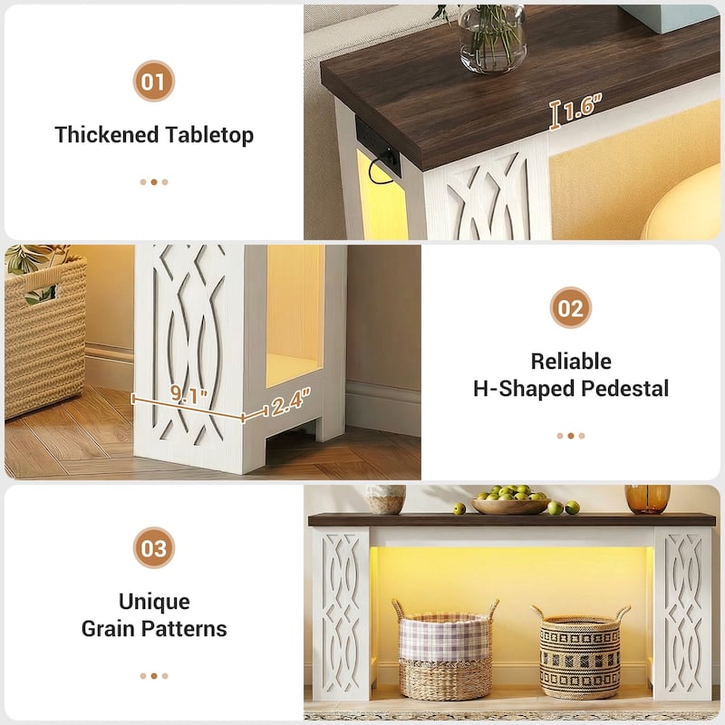 63" Farmhouse Console Table with RGB LED Lights ＆ Power Outlets, Unique Carved Design Entryway Table, Wooden Sofa Table