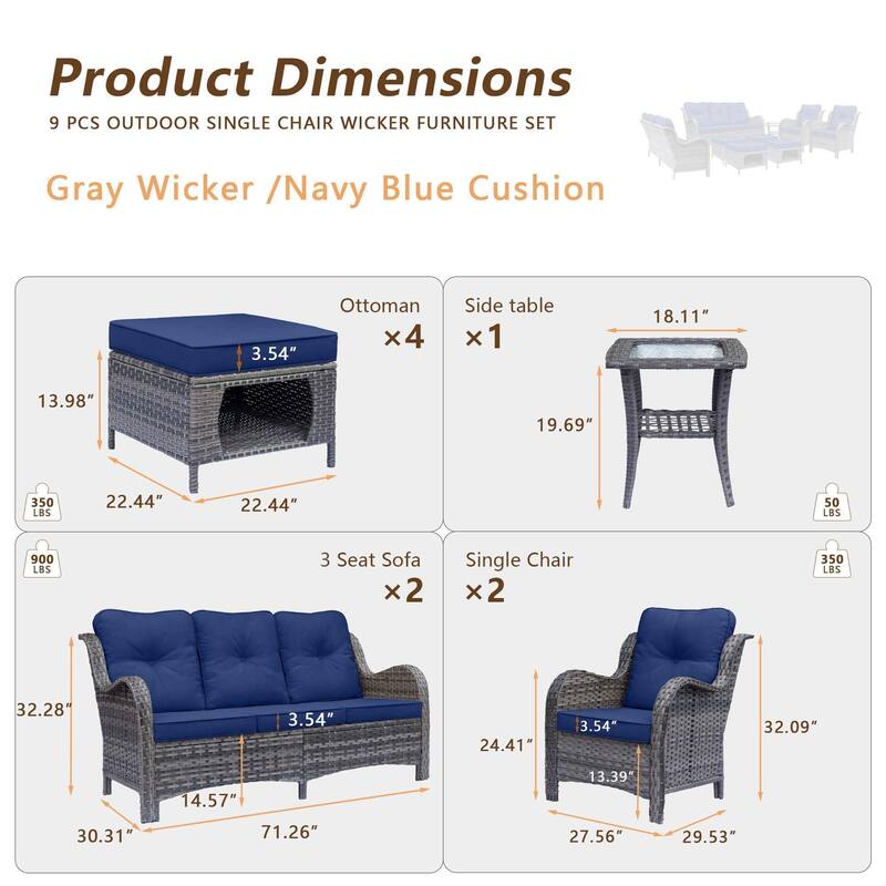 High Back Gray Wicker Outdoor Patio Furniture Sofa Seating Set with Cushions