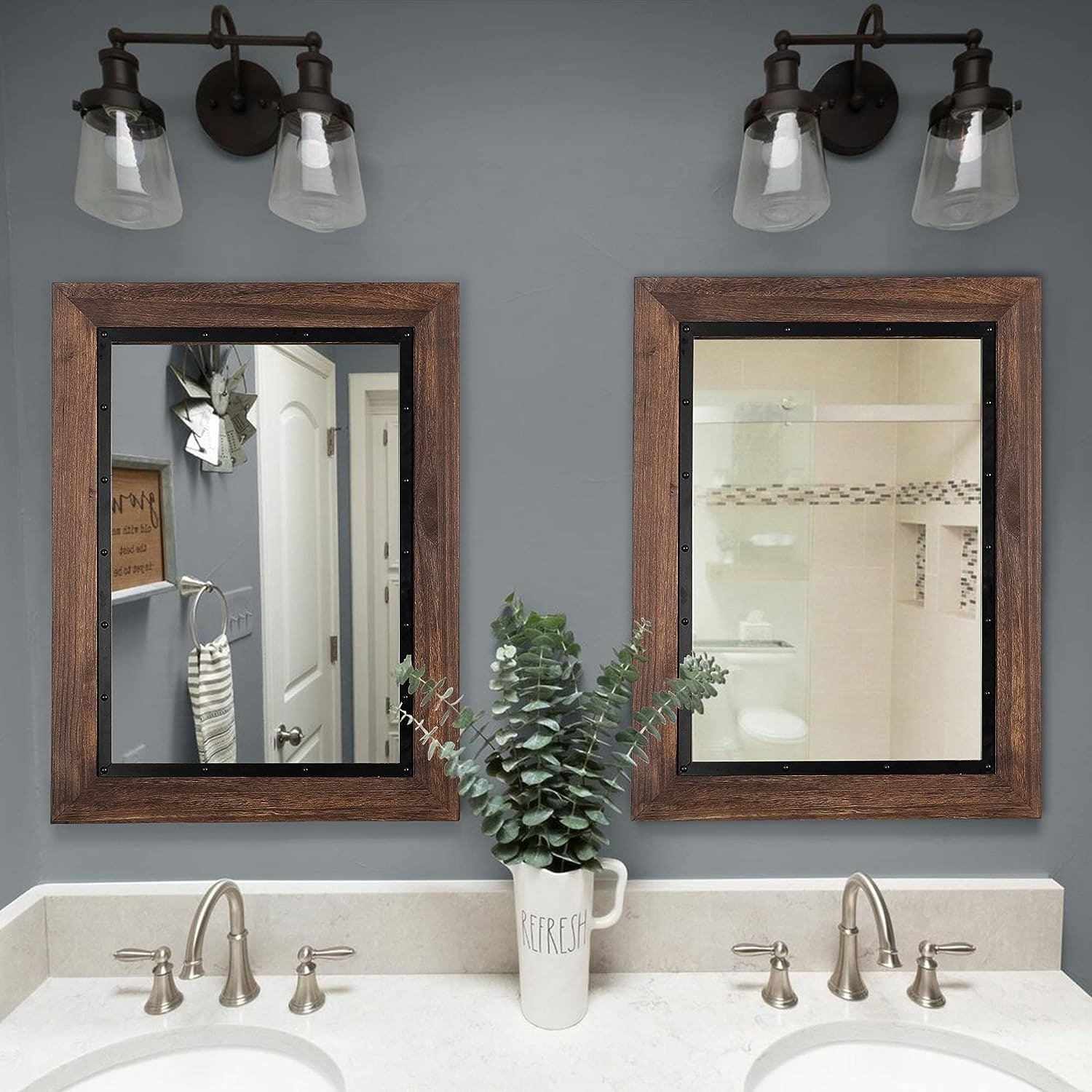 Rustic Wooden and Embedded Iron Framed Wall Bathroom Vanity Mirror