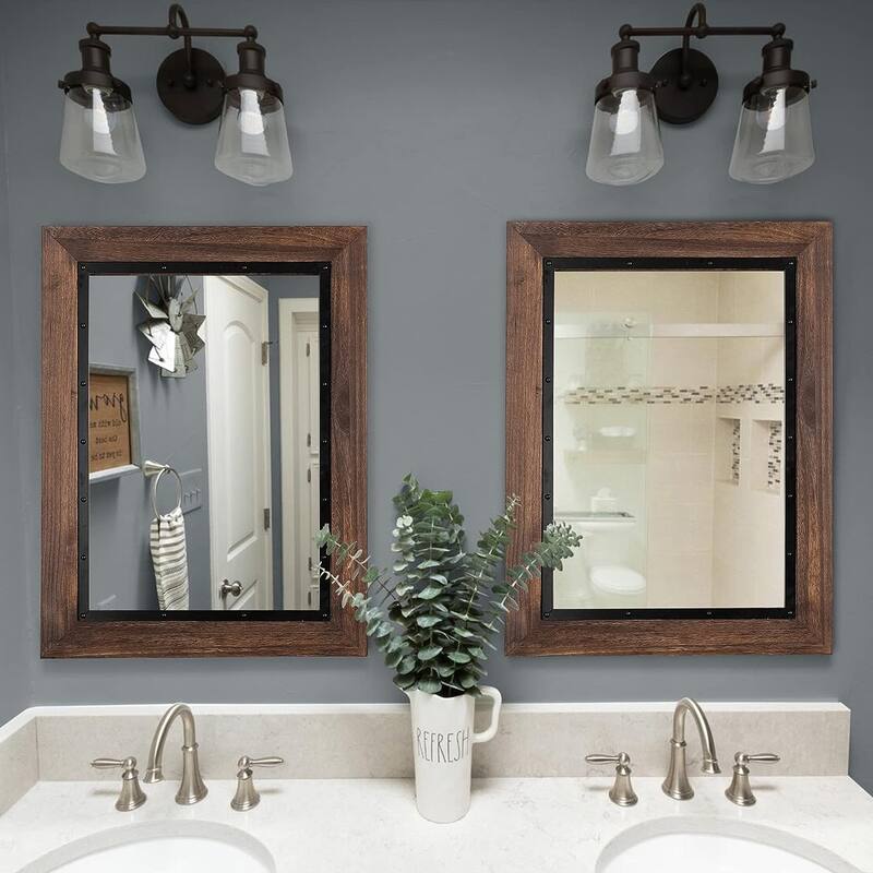 Rustic Wooden and Embedded Iron Framed Wall Bathroom Vanity Mirror