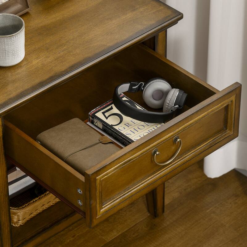 Retro Side Table, End Table with Storage Drawer and Open Shelf for Living Room, Bedroom