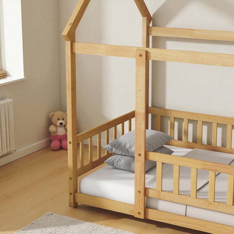Twin Size Wooden House Floor Bed with Roof Frame and Safety Guardrails, Solid Rubber Wood Montessori Bed for Kids