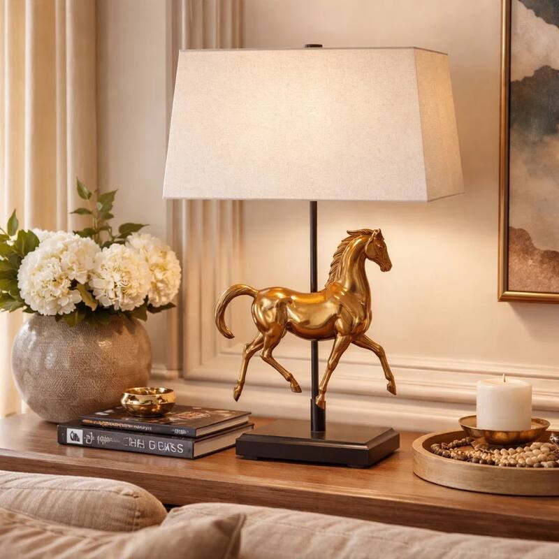 Horse Sculpture Table Lamp, Beige Linen Shade, 29 Inch Black Iron