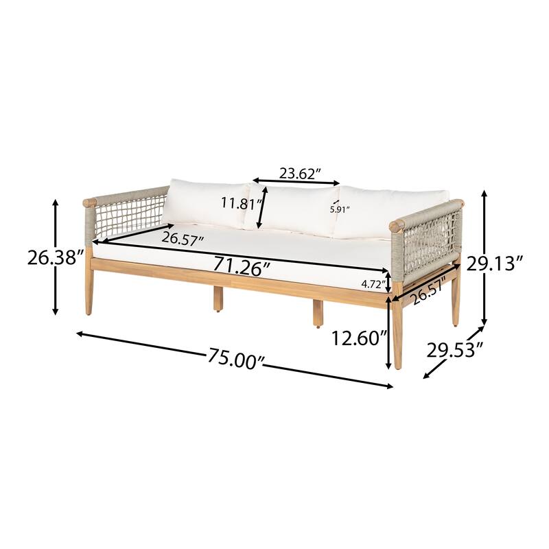 Christopher Knight Home - Outdoor Acacia Wood 3-Seater Sofa with Rope Arms and Cushions
