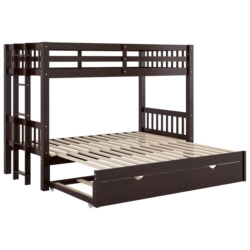 Twin Over Pull-Out Bunk Bed with Trundle, Solid Wood Twin Over Twin/Double Twin Bunk Bed with Ladder and Full-Length Guardrail