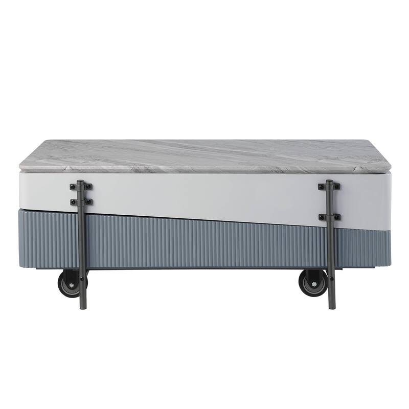 HomeRoots 47" Gray White and Black Faux Marble Wood and Steel Lift Top Coffee Table - 47.00 in. x 18.00 in. x 26.00 in.
