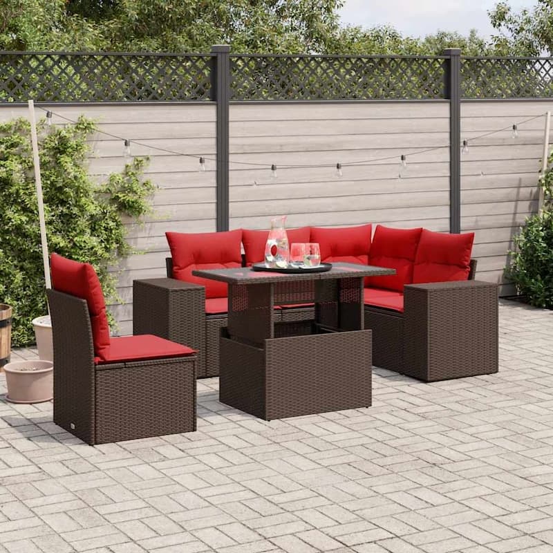 vidaXL Patio Sofa Set with Cushions Table and Couches 6 Piece Poly Rattan - 24.4" x 24.4" x 27.2" - Brown