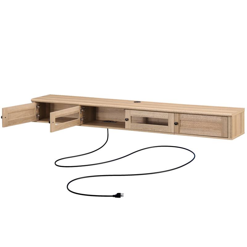 WAMPAT Floating TV Stand for TVs up to 80 Inches, Wall-Mounted Wooden TV Shelf with Built-in Charging Station