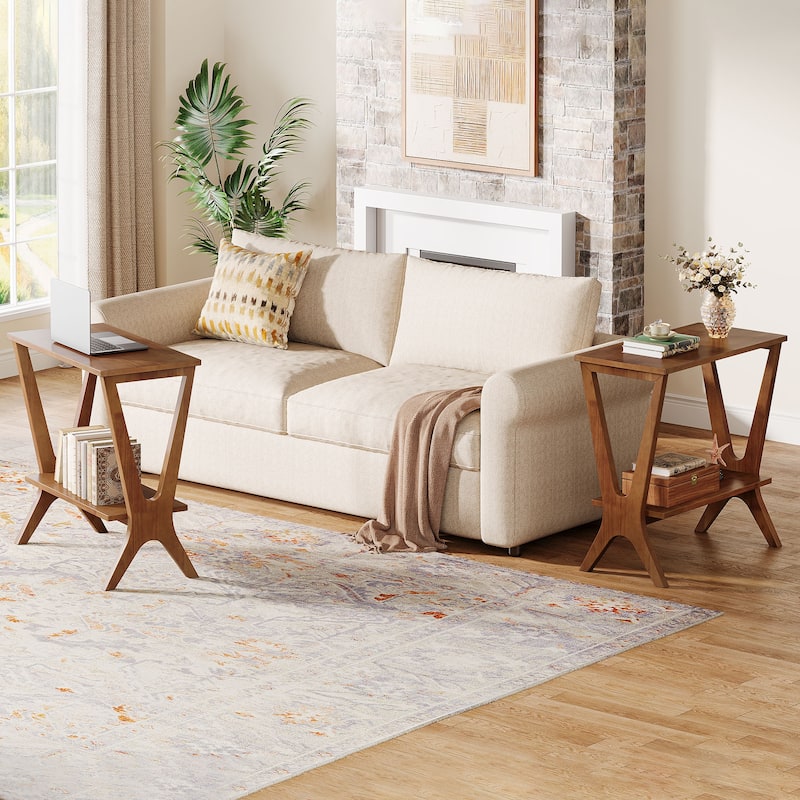 2-Tier Solid Wood End Table for Living Room with Sturdy Legs