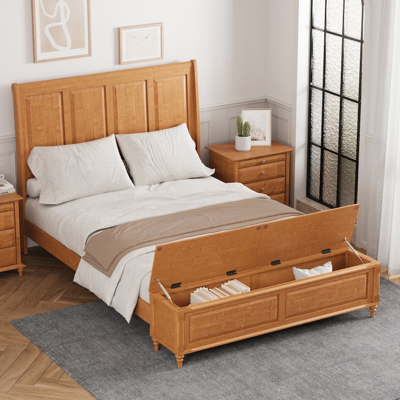 GDFStudio - Traditional Solid Wood Sleigh Bed Frame with High Paneled Headboard & Storage Chest Bench, No Box Spring Needed