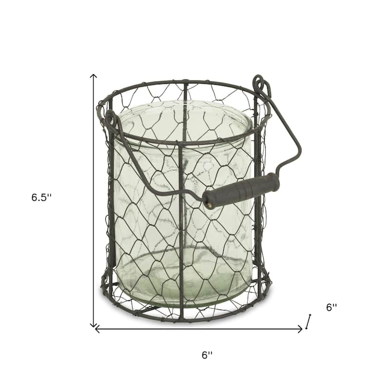 HomeRoots 6" Brown and Clear Wire Basket and Glass Jar - 6' X '6.5' X '6