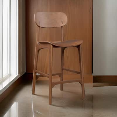 Seln 30 Inch Barstool Chair, Curved Seat, Open Back, Dark Brown Wood