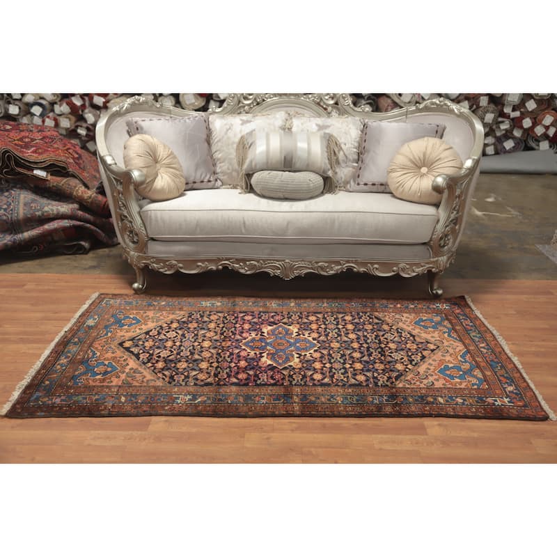 Hand Knotted Oriental 100% Wool Carpet Traditional Medallion Navy Blue & Blues Hamedan Area Rug - 6' 8'' X 3' 9''
