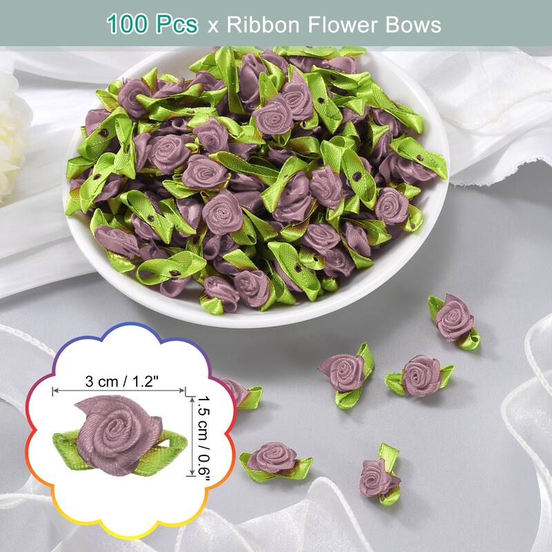 100 Pcs Mini Ribbon Roses Flowers Bows for Crafts, 15mm/0.6" Dia - Dusty Rose