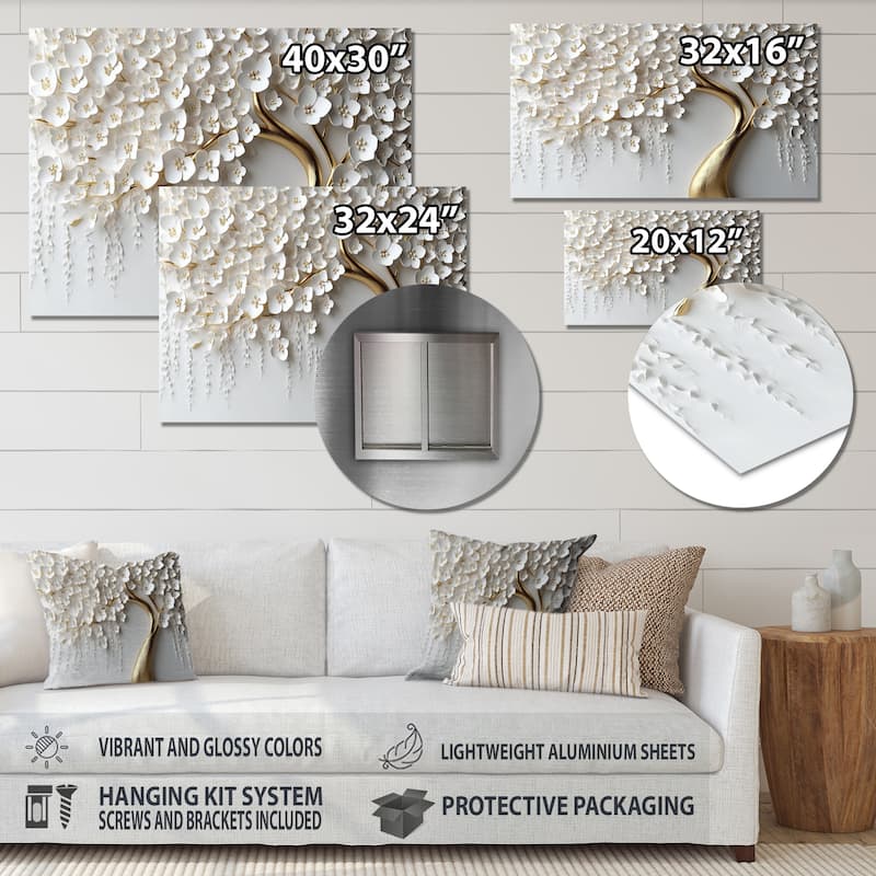 Designart "White Orchid Tree Garden Of Branches IV" Tree Floral Metal Wall Art Print On Metal