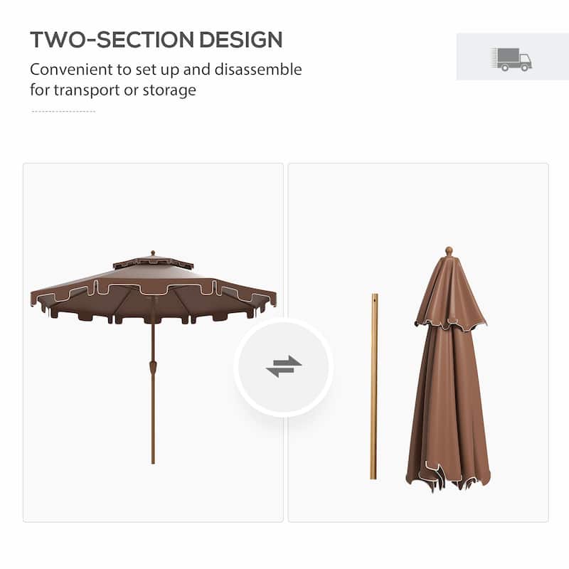 9-Foot Patio Umbrella with Tilt and Crank, Double Top Ruffled Outdoor Market Umbrella, 8 Ribs, Brown