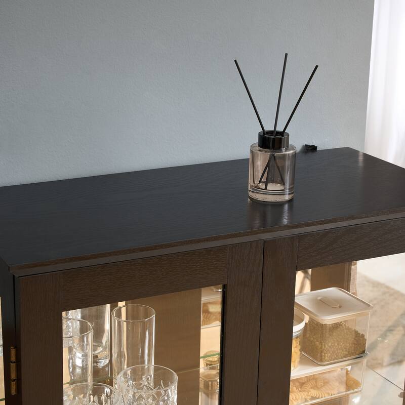 Curio Cabinet with Tempered Glass Doors, Lighted Display Cabinet with Mirrored Back Panel & Adjustable Shelves