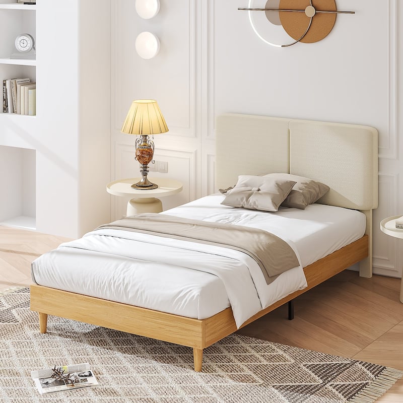 VECELO Upholstered Platform Bed Frame with Adjustable Headboard, Solid Wood Slats, No Box Spring Needed, Twin/Full/Queen Size - Beige - Twin