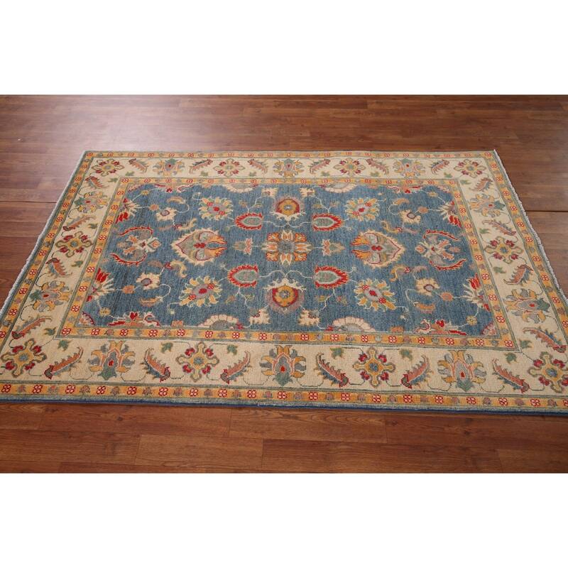 Blue Floral Oushak Oriental Area Rug Hand-Knotted Wool Carpet - 4'1" x 6'4"