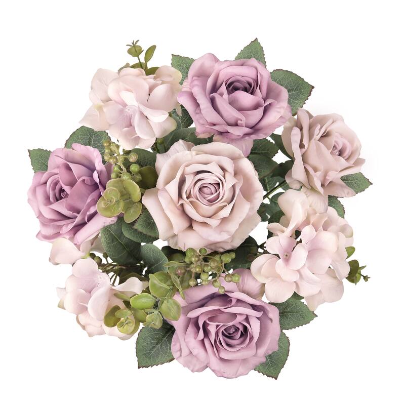 Set of 2 Dusty Lavender Artificial Mixed Rose Hydrangea Flower Stem Bush Bouquet 19in - 19" L x 12" W x 12" DP