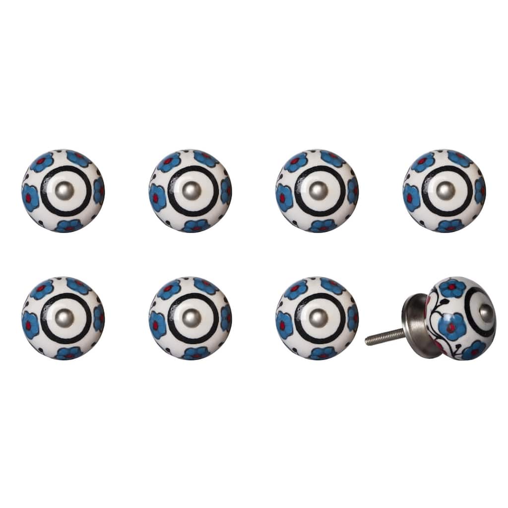 Set of 8 Hand-Painted Blue & White Ceramic and Metal Drawer Pull Knobs - 1.5" x 1.5" x 1.5"