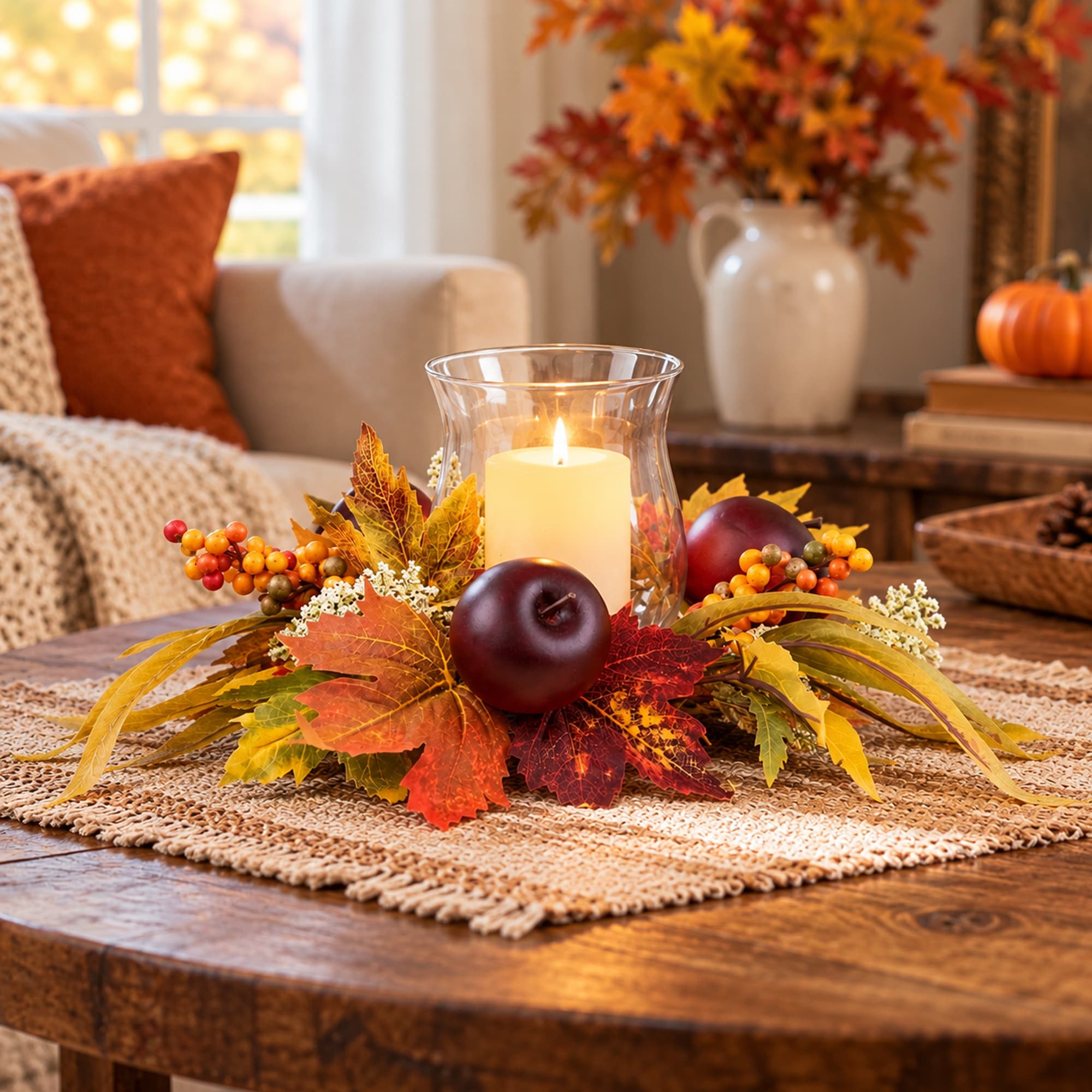 15" Fall Apple Berry Glass Hurricane Pillar Candle Holder Centerpiece